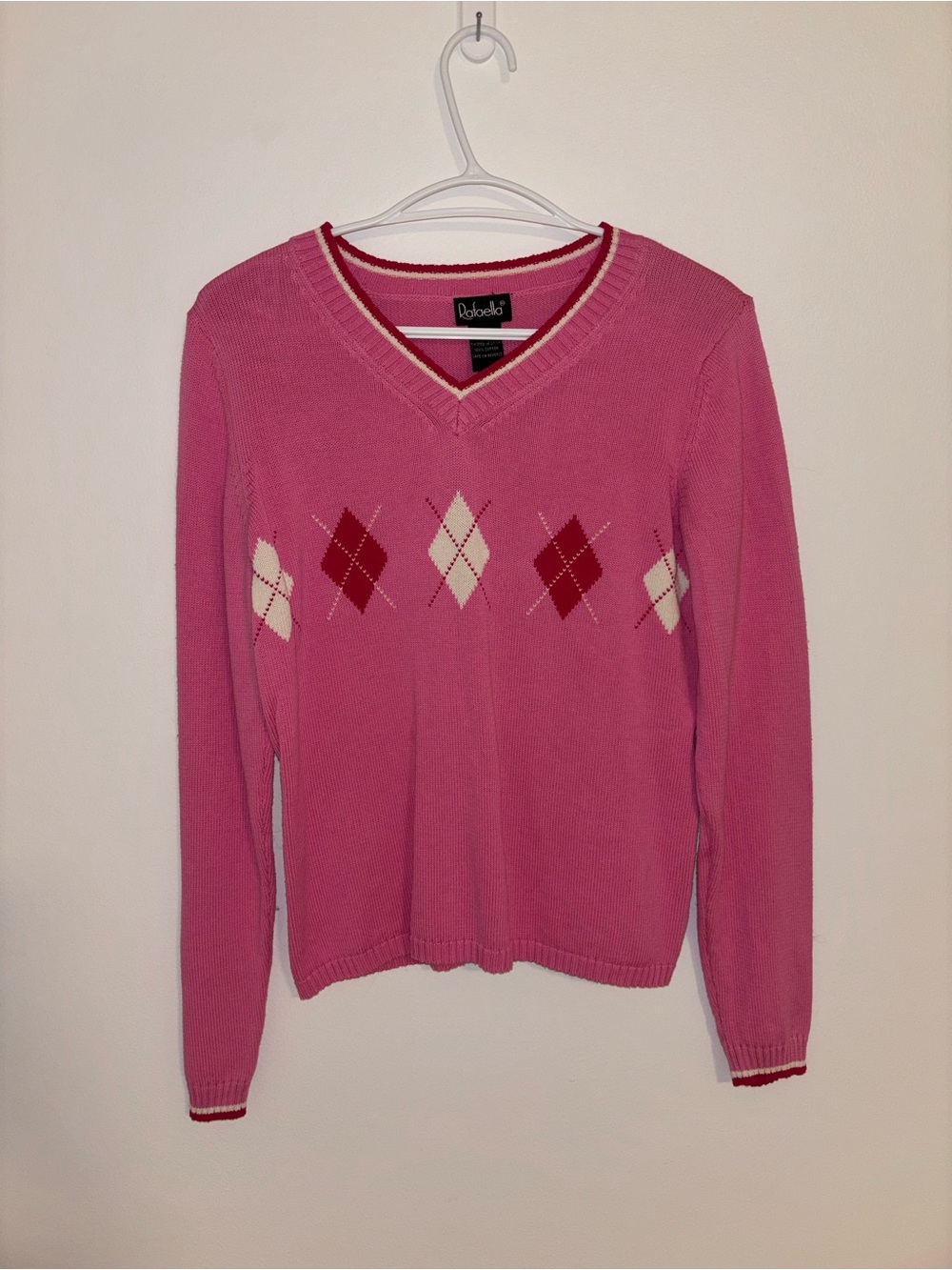 Rafaella Pink Argyle V-Neck Sweater 100% cotton